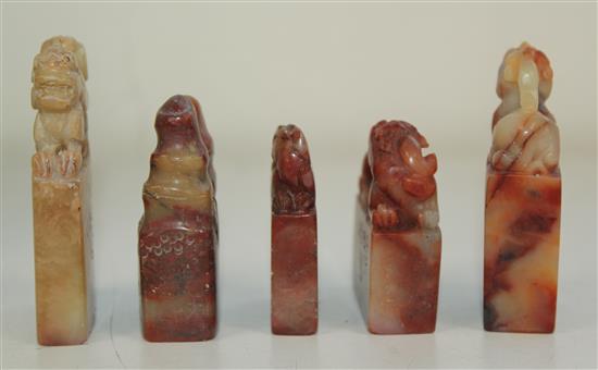 Five Chinese Shoushan stone seals, height 4.7 to 6.6cm